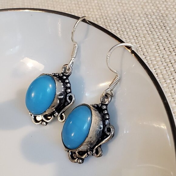 Artisan India Art Nouveau Scrolls Oval Stone 925 Sterling Silver Earrings - Picture 5 of 7